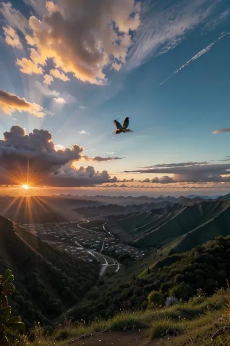 amazing sunset on Fiji Mountains with parrots in the sky