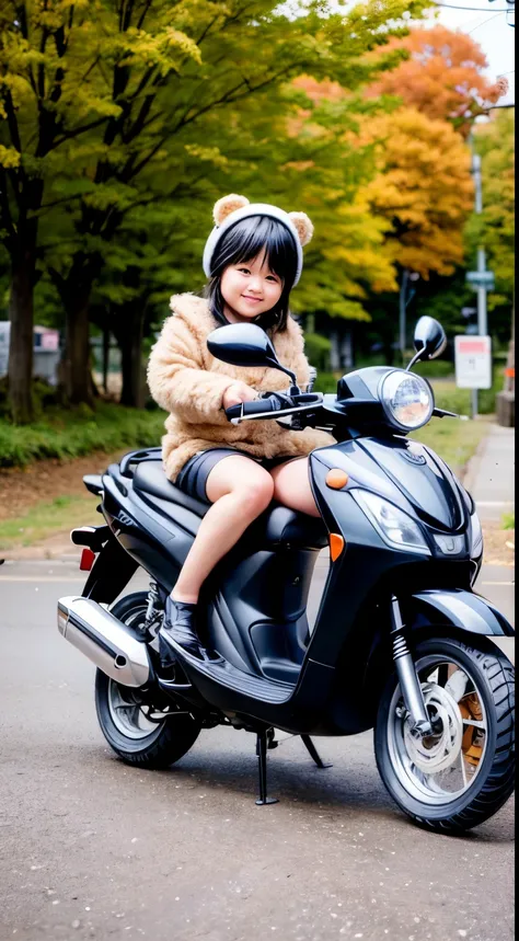 Arafe dressed as a teddy bear riding a scooter, a picture inspired by Nara Yoshitomo, Doesn&#39;t bounce, toyism, kemonomimi, riding a motorcycle, motorcycle, 🍂 cute, young and cute, Nendoroid style, japanese mascot, Moped, cute woman, 🍁 cute, Photographed...