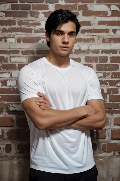 handsome young man with black hair crossing arms and looking at the camera. White shirt, square jaw, athletic body. In the background there is a brick wall