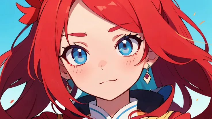 ((best quality)), ((masterpiece)), (detailed), perfect face, Anime girl with red hair and blue eyes in red costume, Ayaka Genshin impact, anime visual of a cute girl, ayaka game genshin impact, close up of a young anime girl, up of young anime girl, Best a...