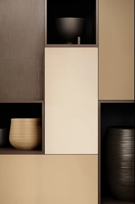 there are two shelves，there is a basket and a vase on it, sparse details, mixed material, beige和深色的氛围, middle close-up compositi...