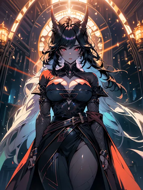 Modern witch girl with moving hair, long hair, black crown, long curved horns, cleavage, big breasts, nipples, translucent outfit, lifeless eyes, red eyes, dark sky without any sparkles or stars, shadows, dark, {wallpaper extremely detailed 16k CG unit wal...