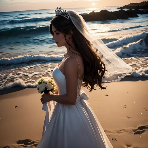 The shadow of a woman who is getting married, wearing a wedding dress and crown, holding small flowers, is all just a shadow reflected from the beach sand at dusk. Beautifully styled hair and a facial structure that is comfortable to look at from the side.