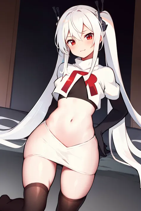 masterpiece:1.2,best quality:1.2, incredibly absurdres, absurdres, highres, wallpaper, colorful, anime,
1girl, solo, vampire (azur lane), , white hair, long hair, twintails, red eyes, team rocket,team rocket uniform,white skirt,red letter R,crop top,black ...