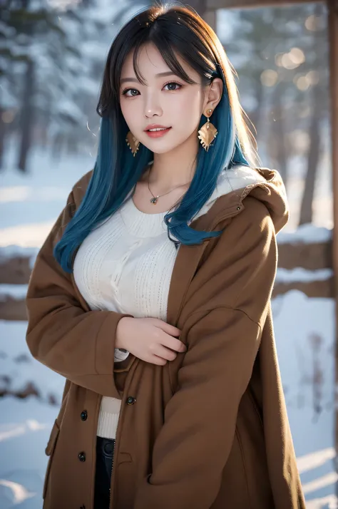 ((masterpiece)), ((highest quality)), (super detailed), ((cute)), cute, (Lovely), ((sexy)), (device), ((very detailed)), 4K, (8K), highest quality, (beautiful), figure, dynamic angle, in the middle, fold your arms, forest, evening, winter, snow, Beautiful ...