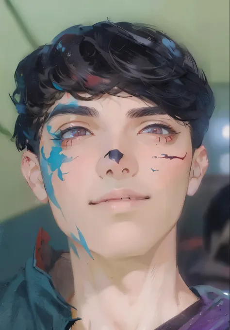 (Adolescent boy, Jujutsu Kaisen style, face paint, painted face, black hair, best image quality, ultra-detailed, realistic, vibrant colors, studio lighting, portraits, dark tones, sharp focus)