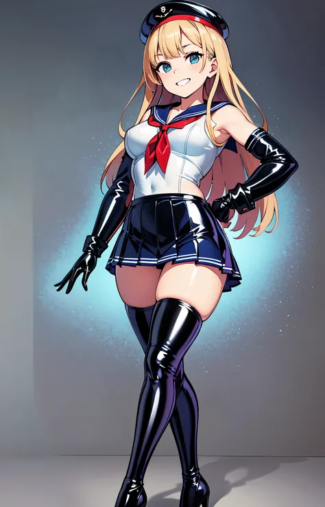 official art, Highly detailed CG Unity 8K wallpaper, highest quality, masterpiece, High resolution,shiny latex thigh-high boots, Brown straight long hair, brown belt,  leather shoulder bag、latex gloves,  (shiny latex sailor suit:1.6)、（Latex School Uniform)...