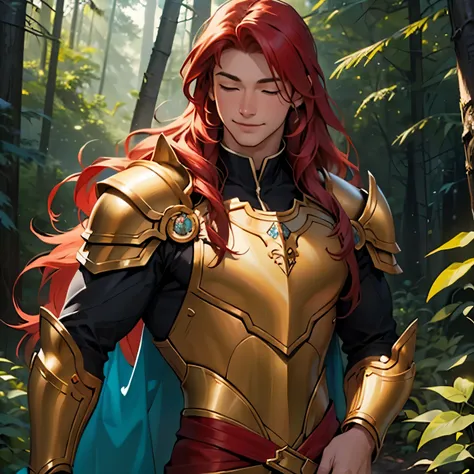 (realistic: 1.37, best quality, 4k, 8k, high resolution, masterpiece: 1.2), ultra-detailed, male, a young man with fair skin, very long red hair, dressed in golden armor with straight hair. anatomically correct. Closed eyes. forest environment, smile on fa...