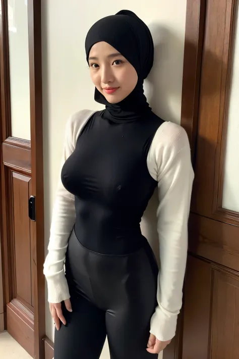 ((best quality)), ((masterpiece)), (detailed),A beauty girl with a big breast in a tight black turtleneck, hijab, shows off full body, the clothes is very tight