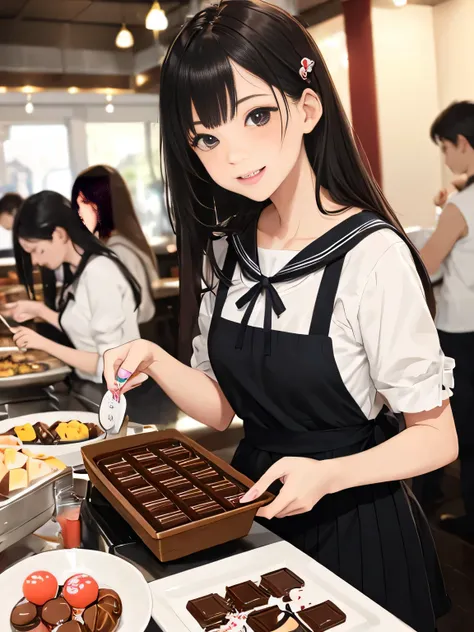 highest quality、High resolution、detailed background、beautiful and detailed face、beautiful and smooth skin、skin texture、professional lighting、Beautiful teenage girl、cute hairstyle、sailor suit、
that is common to make homemade chocolates on Valentine&#39;s Da...