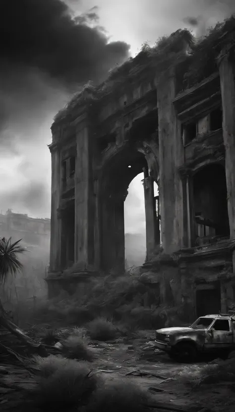 Generate a striking black and white post-apocalyptic scene that represents the ruins of a metropolis consumed by toxic vegetation, where a lone survivor advances with determination among crumbling buildings and threatening plants. Focus on transmitting sen...