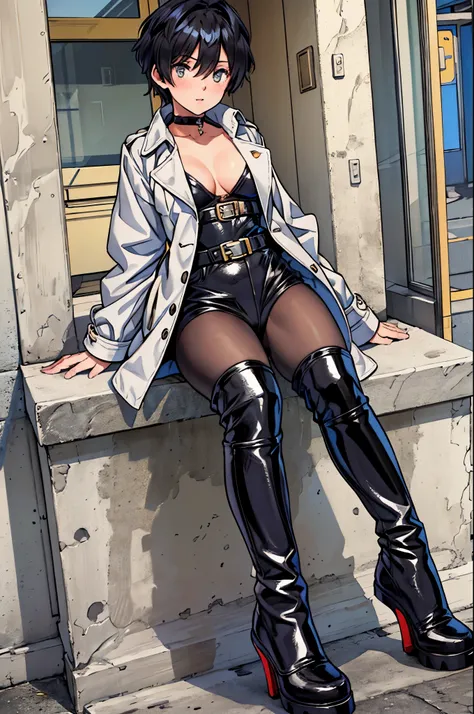 best quality,ultra-detailed,((full body)),((one boy)),((fem boy)),((trap))sitting,black-choker,((short hair)),((man’s face)),((man’s body)),((dress up as a woman)),blush,flustred,((no breasts)),((trench coat)),((high-heel-long boots inblack)),vibrant color...