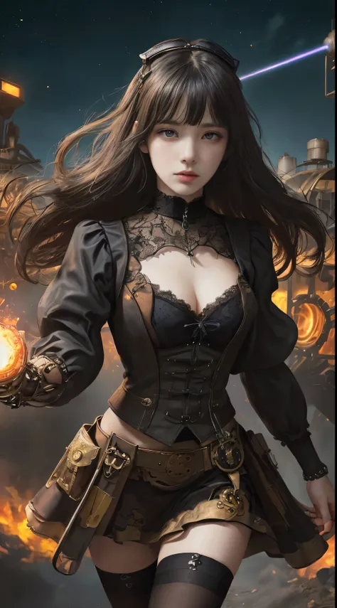 Magical girl, Overly decorated and complex mechanical fashion, dynamic action pose, battle scene, 複雑な機械式steampunk工場, complex mechanical magic weapon, Magic Activation, woman, 14 years old,  (thick bangs), Beautiful long black hair curled vertically and tou...