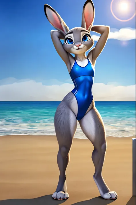 judy hopps,realistic fur,bright blue eyes,masterpiece HIFI,thin waist,crotch view,swimsuit,beach,thick thighs,Standing Stand,thick paws,paws pose