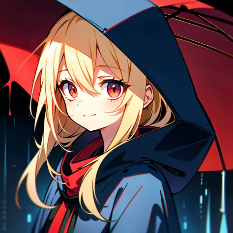 girl, blonde hair, red eyes, , look down, smile, , blue rain coat, hood up, Tired look