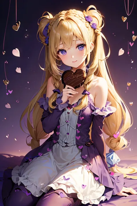 4K,1girl,sense of deps,disorganized,catch light,Super beautiful illustration,((({chocolate},heart))),valentine&#39;s day,((beautiful blonde,Two Side Up Hairstyles:1.3)),((Beautiful purple eyes:1.2)),Purple clothes,;D,beautiful and delicate flowing hair,emp...