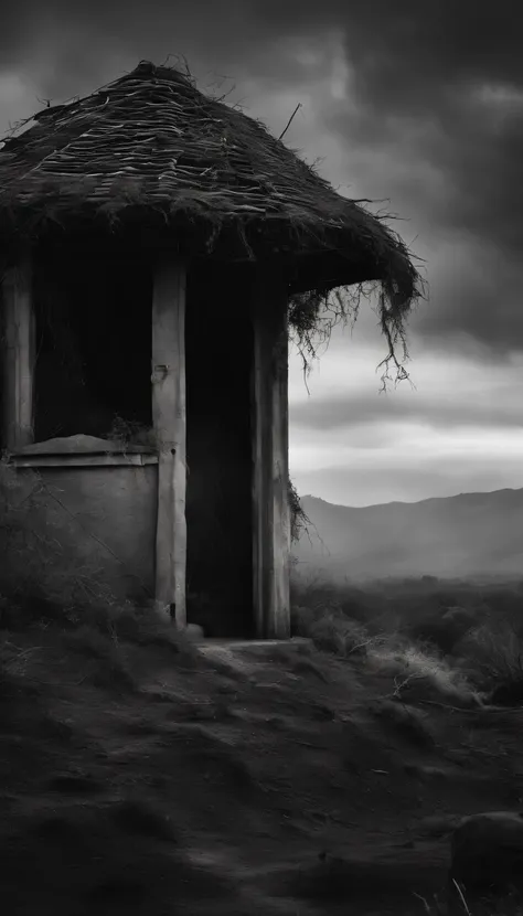 Generate a striking black and white post-apocalyptic scene that shows a character building a rudimentary shelter in the midst of desolation, surrounded by threatening vegetation and the feeling that time is running out. Focus on transmitting sensations of ...