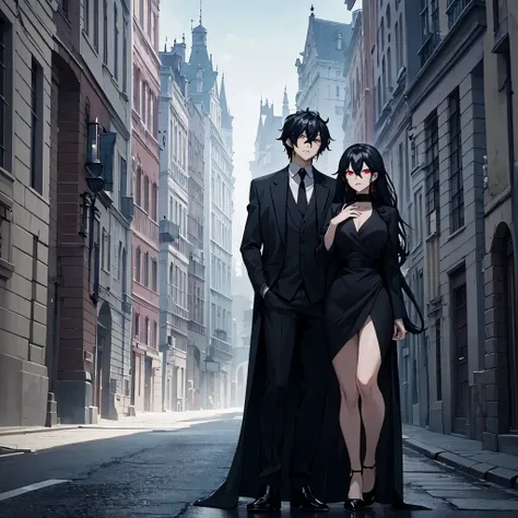 a man in a black suit together with his wife(red eye) in a white dress near a black luxury car in an empty city with several buildings,
