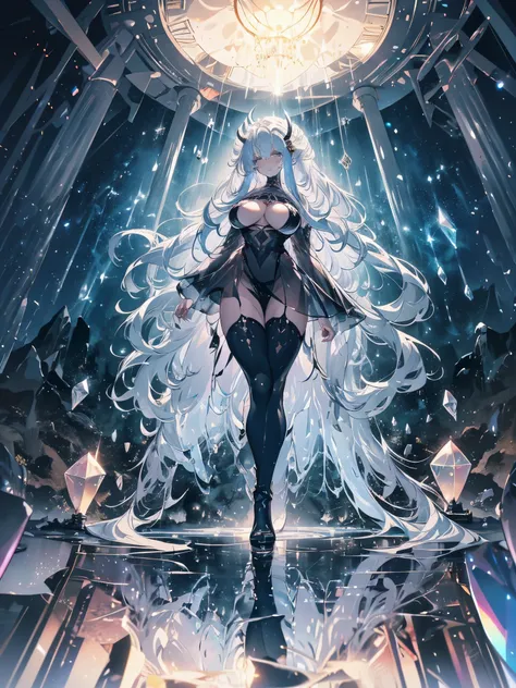 A crystaline witch girl with moving hair, long hair, white hair, black crown, long curved horns, cleavage, big breasts, nipples, translucent outfit, lifeless eyes, red light eyes, dark sky without any sparkles or stars, shadows, dark, big ass, thick muscle...