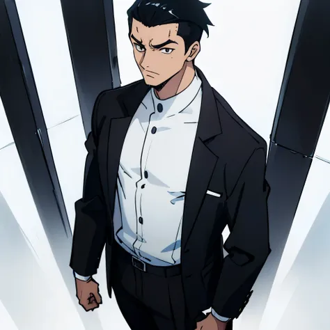 a tall, fit man with slicked-back black hair. He is usually seen wearing ordinary clothes, consisting of a black jacket with dark blue details and pants of the same color. His posture is always upright and confident, reflecting his skill and determination