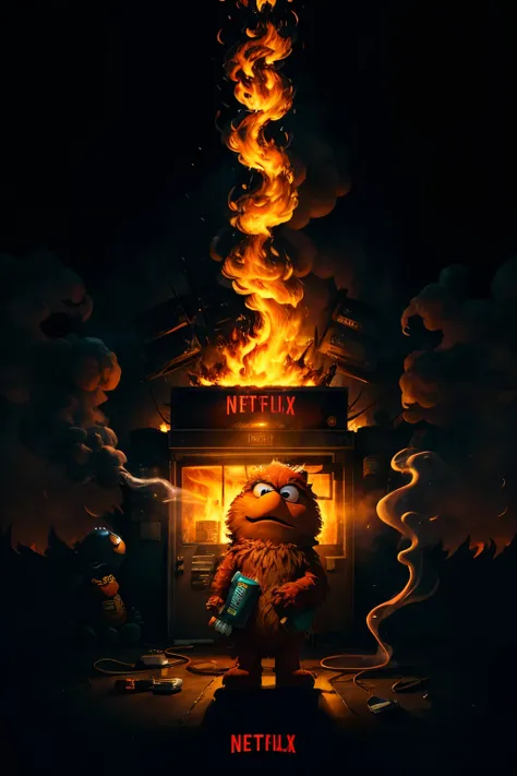 ((Netflix poster)), ((high contrast)), 4K, ultra-detailed, Elmo, pill bottle, doctors office, flames, Fire engulfs the doctors office in the background as Elmo holds a pill bottle in a state of shock and concern. The flames cast an orange and red glow on E...