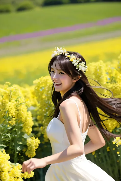 beauty of japan、18-year-old、long brown black hair、highest quality、High resolution、running backwards、Just turn your face towards me、Running through a field of rape blossoms、a woman is running、smile、elation、Looks great in photos、realistic、Wedding dress、wear ...