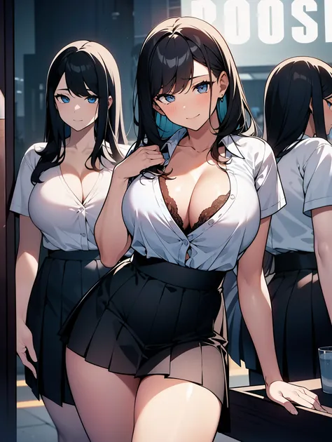 Three female students standing in a row、black haired、big breasts、cleavage、Breasts out、night parking、mini skirt、thighs thighs thighs、navy pleated skirt、short sleeve shirt、Sexy、adultery、lewd(best quality,4k,8k,highres,masterpiece:1.2),ultra-detailed,(realist...