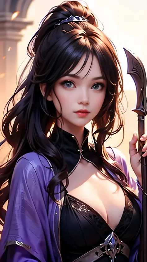 highest quality、master piece、mmorpg black desert characters、sorceress、arousal、purple costume、black long hair、ponytail、beautiful face、Beautiful woman、cowboy shot、looking at the camera、detailed face、Holding a sickle in your hand