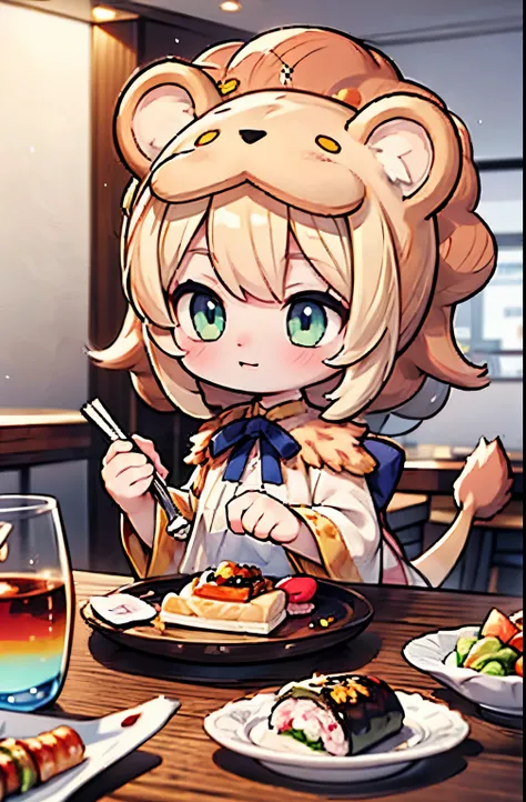 Girl | 8 | Saberlion Fantasy (Animal) Cosplay, Golden Lion Mantle | Short Blond Chibi Hair with Lion Mane | Bright Green Eyes | Scene of Bustling Japanese Restaurant with Diverse Characters | Savoring Sushi, Stacked Plates, Laughter in the Air | Styles: An...