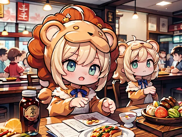 lionelle, an 8-year-old girl in a saberlion cosplay, captivates a bustling japanese restaurant. amid diverse characters enjoying...