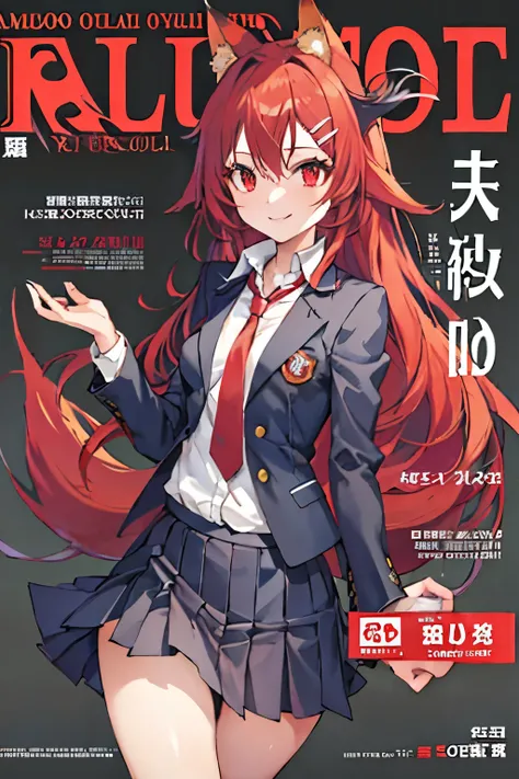 Firefox-Skollie, red eyes, fox girl, multiple tails, multicolored hair, 1girl, hairclip, solo, light smile, small breasts, looking at viewer, 
school uniform, pleated skirt, necktie, open jacket, magazine cover, simple background, 
(masterpiece:1.1), (best...