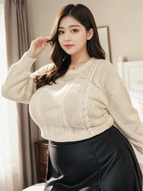 1 girl, obese body type, big breast size, big waist、round face, double chin, （Overweight）, medium hair , long sleeve knit、lace gauze skirt ，looking at camera，in the room、((Show off your beautiful:1.3))