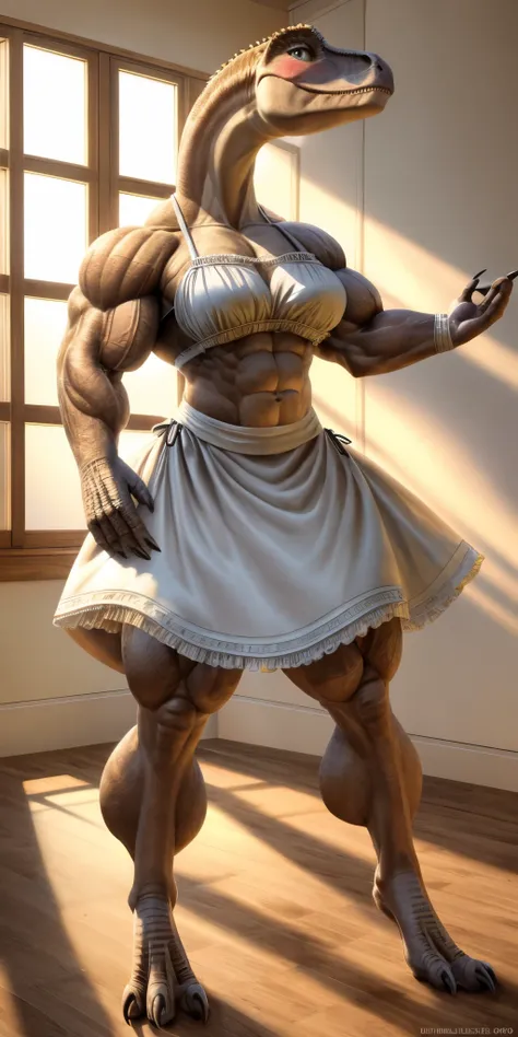 1 girl,  blush, abs,, light smile,maid, rays, shine,muscular,(muscular female) , (masterpiece), dinosaur girl,realistic,claws