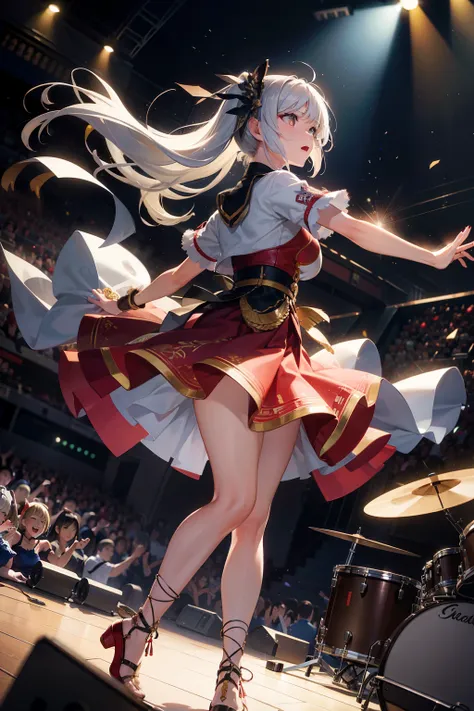 this illustration features a silver-haired girl with medium-length hair playing the drums on stage. she confidently swings the d...