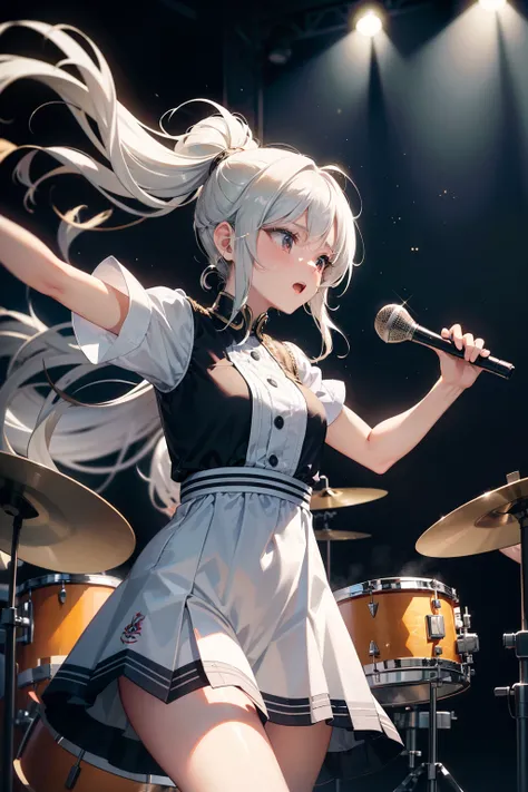 This illustration features a silver-haired girl with medium-length hair playing the drums on stage. She confidently swings the drumsticks, surrendering herself to the music. Her silver hair dances lightly as she exudes a vibrant and energetic presence whil...