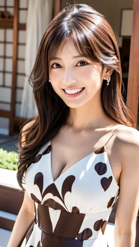 highest resolution, 4K, masterpiece: 1.3), japanese mature, sexy: 1.1, fine eyes, slender body shape, realistic teeth, double eyelid, whole body, highest quality, be familiar with, beauty, chocolate dress, The background is white and drip chocolate