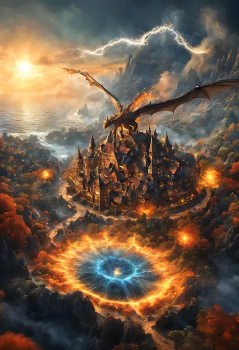 Alchemy Of Souls where time has no reason to exist, an infernal land surrounded by shadow fire energy, fantasy village, dragons flying above, 3D expressive dynamics, highly detailed perfect transparent outline made of tiny glass dots, smoke effect, sun ray...