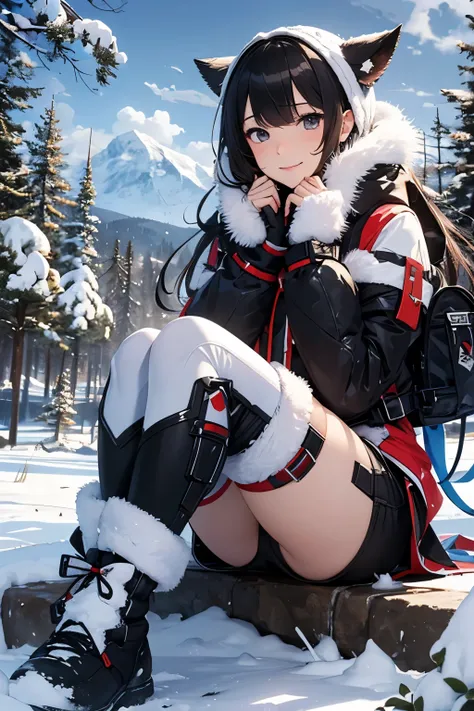 Masterpiece, top quality, 4K UHD,
heroine girl, sitting,
snowy mountain landscape, semi-strong, cute and charming,
comic book style, black uniform,venom style design, long flowing hair,
smiling, snow boots, semi-lit environment, trees, cloudy sky. --s2