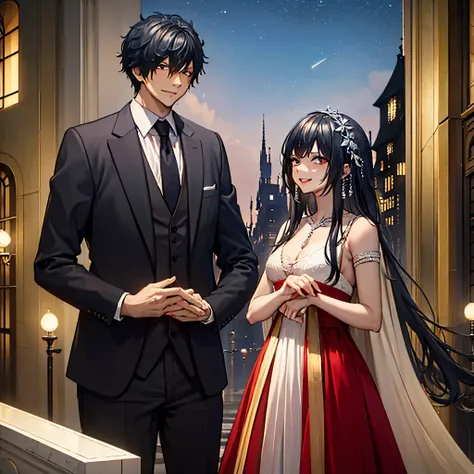 a man in a black suit next to a woman(red eye) in a white dress inside a large luxurious building at night, with both of them smiling
