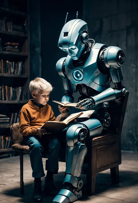 Robot boy sitting on the lap of an old man who reads him a storybook. Futuristic innovative concepts and avant-garde aesthetics abstract shapes geometric shapes, fluid lines, and asymmetrical compositions