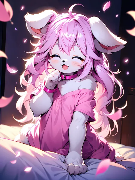 little dog girl　fluffyの尻尾　pink long hair　furry sleeping in bed　small breasts　nipple　naked without clothes　dog collar　furry cute ...