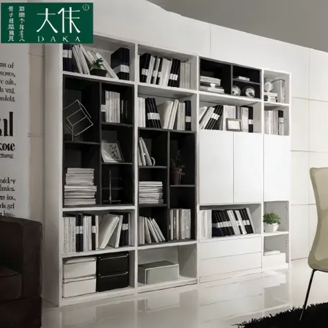 有一个白色的bookcase，There are a lot of books about it, white map gallery, short bookshelf, book shelf small library, cabinet furniture, bookcase, book shelf, bookshelf, bookshelf, bookshelf on sides, shelf, bookshelf, black and white, high quality], elegant stu...