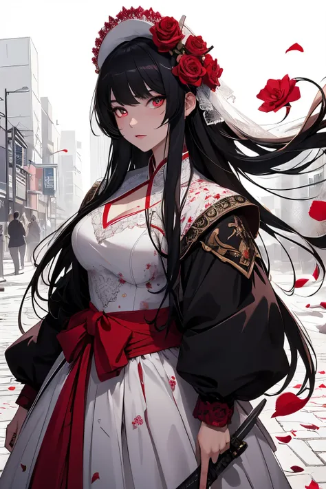 Korean Naver Webtoon novel illustration style of a beautiful woman in a wedding dress holding a long, blood-stained katana, with angry eyes staring straight ahead, surrounded by a backdrop of fluttering rose petals and roses, set in the urban landscape of ...