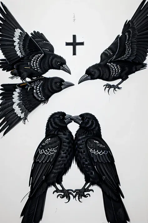 a drawing of two crows forming a christian cross, black&white, drawing, ink drawing