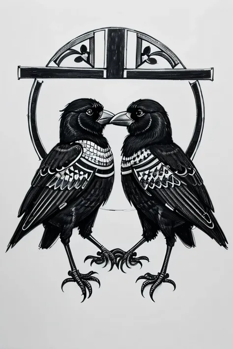 a drawing of two crows forming an egyptian cross, Anj, black&white, drawing, ink drawing