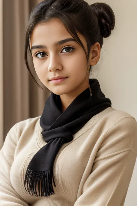 masutepiece、top-quality、hight resolution、Eleonora Pavinato, 13 years old, Youngest headshot in the room sweter z dużym dekoltem you can see big breasts Beautiful bust Pakistani girl Black hair Bun hair (((Beautiful firm 40C round breasts))) are big comb oc...