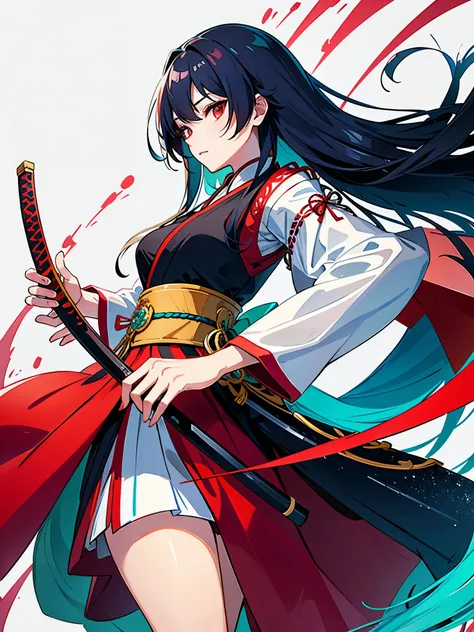 long hair, Samurai sword, Miko costume, red eyes, Teal hair, long skirt, stand, bust