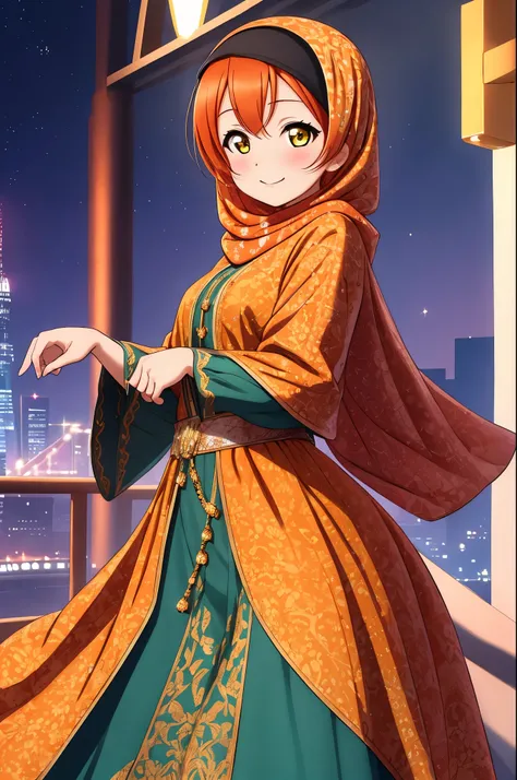 masterpiece, best quality,(hoshizora rin:1.000), cowboy shot,yellow eyes, orange hair,hijabi, long dress  