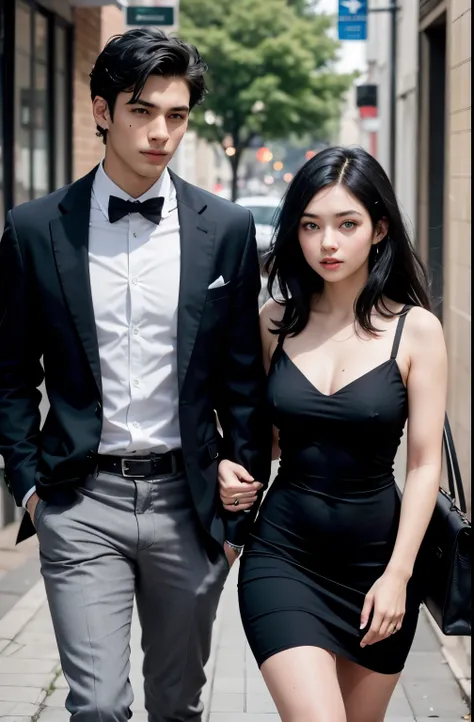 Young white woman with a 20-year-old appearance, green eyes and black hair, wearing a black dress, accompanied by her white boyfriend with blue eyes and black hair, who is wearing a black suit