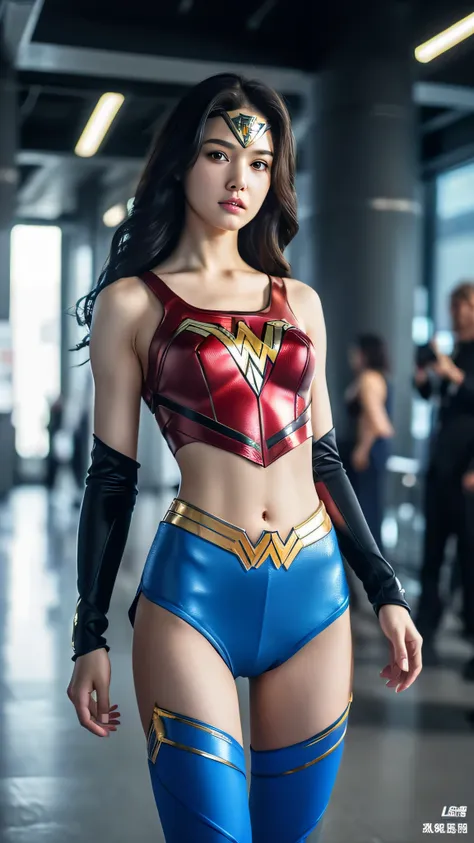 ((masterpiece, 8K, 3D, Realistic, Super Detail)), (1girl:1.3), slender 17 age, Ultra Micro photography, Super realistic, Perfect face, Beautiful features, ((Perfect female body)) Beautiful features, ( body), ((small hips)), Lisa Blackpink as Wonder woman s...